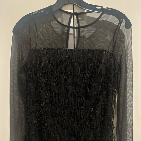 Eliza J Illusion Sequin Fringe Shift Dress  0 Cocktail See Through Arms Black - Picture 5 of 6